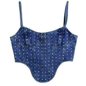 PrettyLittleThing Denim Rhinestone Corset Top Size 4 Studded Bustier Crop